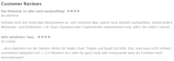 Auszug aus den Kundenbewertungen im Appstore